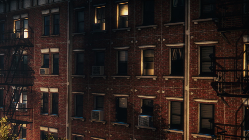 Establisher: Zoom In Shot on Apartment Window in 3D VFX Animated Brick Multi-Storey Building. Old Renovated Brownstone House. Evening Time Scene of a House with Emergency Stairs and Air Conditioning. Royalty-Free Stock Footage #1091440899
