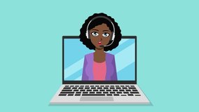 Animation of customer support african american women showing and talking on laptop screen. Animation is it easy to edit loop.