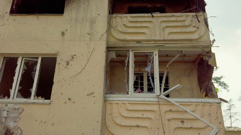 Irpin, Ukraine 19 June 2022 Destroyed balcony of residential building after russian invasion. russians destroying civilian objects. Support Ukraine. Stop Genocide of ukrainians. Stand with Ukraine
