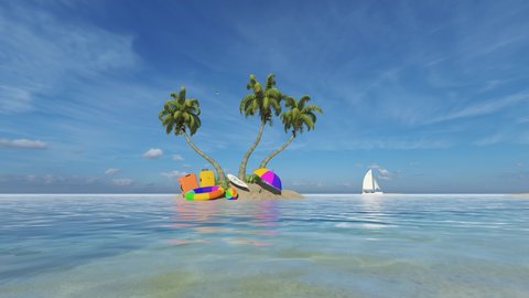 Summer vacation and air travel concept. Passenger airplane and tropical palm on a paradise island. Unusual travel 3d illustration video