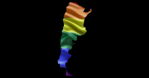 Argentina country shape territory outline with LGBT rainbow flag background waving animation. Concept of the situation with gay marriage and tolerance for LGBT or LGBTQ plus. 4K alpha channel