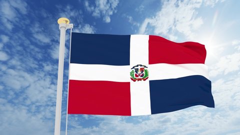 Flag of dominican republic waving in the wind, sky and sun background. Dominican Republic Flag Video. Realistic Animation, 4K UHD 25 FPS. 3D Animation 