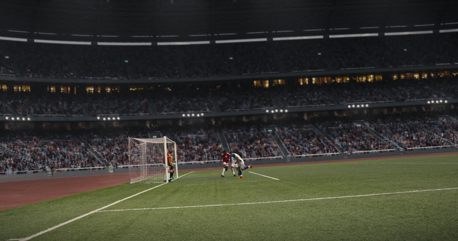 Soccer player performs a corner kick. His teammate receives pass, hits the ball with his head and scores a goal. He runs happily and performs 360 turn in a jump celebrating. Stadium is 3d made. Royalty-Free Stock Footage #1091443197
