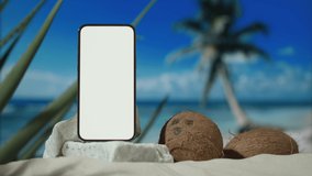 Mobile phone with blank screen on stone podium at beach, mockup. Coconuts, palm tree, ocean. Advertising of travel apps