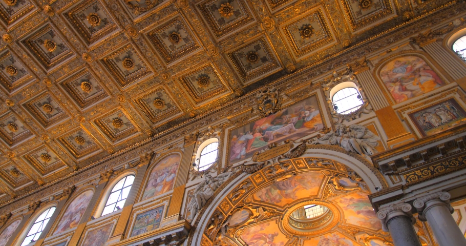 Low angle shot of Interior of Basilica of Saint Mary Major (Basilica di Santa Maria Maggiore) in Rome, Italy - June 2022.