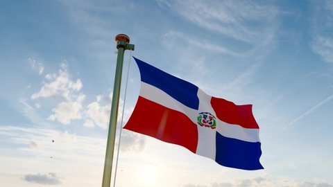 Flag of dominican republic waving in the wind, sky and sun background. Dominican Republic Flag Video. Realistic Animation, 4K UHD 25 FPS. 3D Animation 