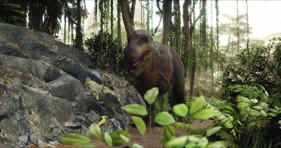 Tyrannosaurus walks through the Jurassic jungle. The Age of Dinosaurs. T-rex on the hunt. Anamorphic video. 3d rendering. High quality 4k footage Royalty-Free Stock Footage #1091448779