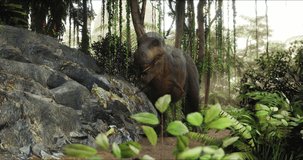 Tyrannosaurus walks through the Jurassic jungle. The Age of Dinosaurs. T-rex on the hunt. Anamorphic video. 3d rendering. High quality 4k footage