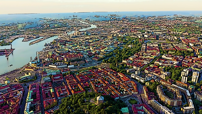 Gothenburg, Sweden. Panorama of the city and the river Goeta Elv. The historical center of the city stretches across the frame, with dense clusters of buildings featuring red-tiled roofs, green parks, and the harbor opening toward the sea. Warm sunset light bathes the stylized urban landscape in golden tones. Sunset, Aerial View, Departure of the camera. Color sketch in cartoon style.