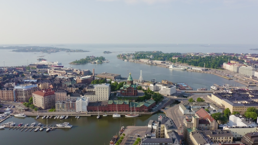 Helsinki, Finland - June 21, 2019: City center aerial view. Assumption Cathedral, Aerial View Hyperlapse, Point of interest