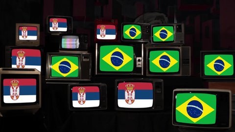 Serbian Flags and Brazilian Flags on Vintage Televisions. 4K Resolution.
