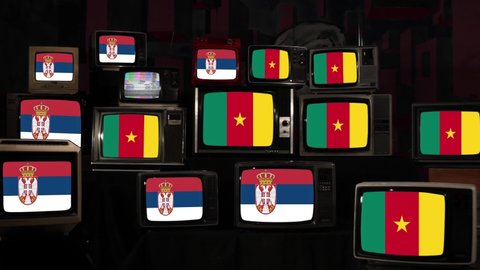 Flags of Serbia and Cameroon on Vintage Televisions. 4K Resolution.