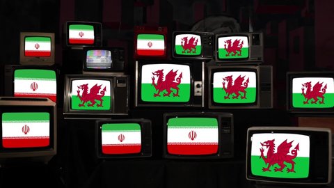 Wales Flags and Iran Flags on Vintage Televisions. 4K Resolution.