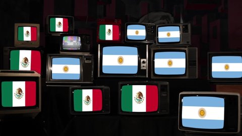 Flags of Mexico and Argentina on Vintage Televisions. 4K Resolution.
