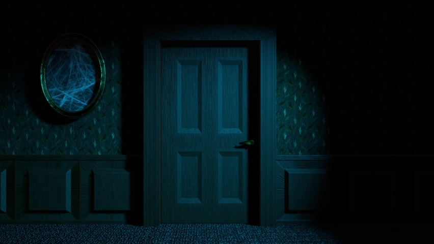 A door opens slowly in the dark creepy corridor 3d 4K animation. Spooky interior of the old house with copy space | Shutterstock HD Video #1091455823