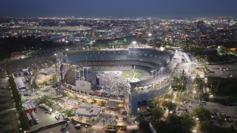 World Famous Dodgers stadium in Los Angeles, California, United States , June 2022. Dodgers baseball Stadium in Los Angeles, West Coast. Panoramic shot above stands with fans overlooking diamond 4K