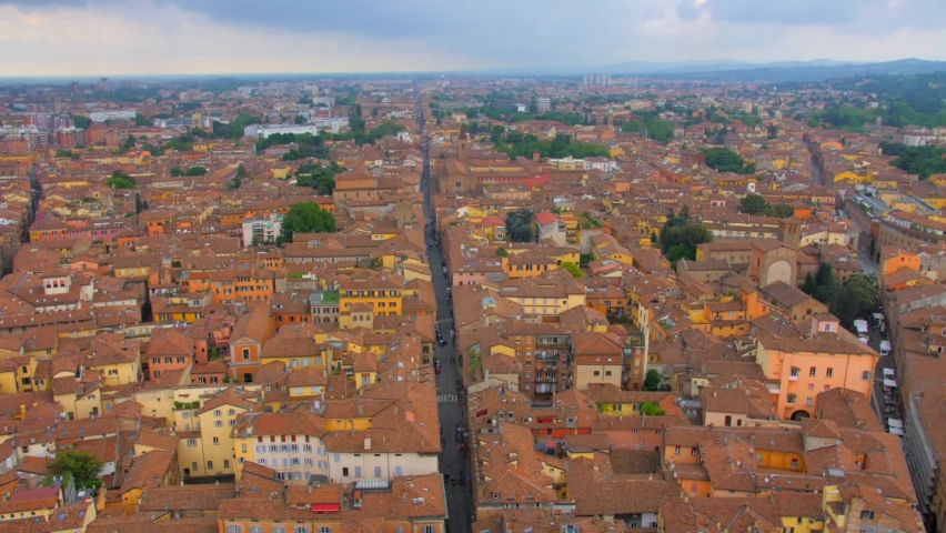 Panoramic View Of Bologna City In Italy, Seen From Asinelli Tower - panning
