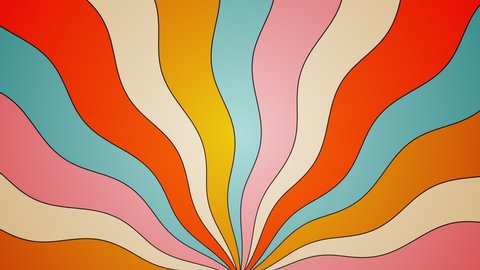 Стоковое видео: Retro, multicolor wavy, groovy, hippie, flat, abstract, cartoon looping sky background in seventies style with blinking white sparkles and sun beams.
