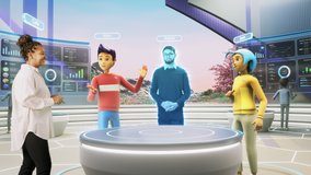 Online Business Meeting in Virtual Reality Office. Real Female Manager Standing Next to Two Animated Avatars of Colleagues, and a Hologram of Another Specialist. Futuristic 3D Universe Concept. - Powered by Shutterstock - Get 15% off with code: PIKWIZARD15