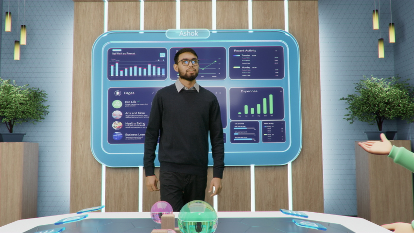 Online Business Meeting in Virtual Reality Office. Project Manager Talking to a Group of Animated Internet Avatars of Colleagues Sitting at a Table. Futuristic 3D Universe Concept, Working from Home. - Powered by Shutterstock - Get 15% off with code: PIKWIZARD15