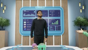 Online Business Meeting in Virtual Reality Office. Project Manager Talking to a Group of Animated Internet Avatars of Colleagues Sitting at a Table. Futuristic 3D Universe Concept, Working from Home. - Powered by Shutterstock - Get 15% off with code: PIKWIZARD15