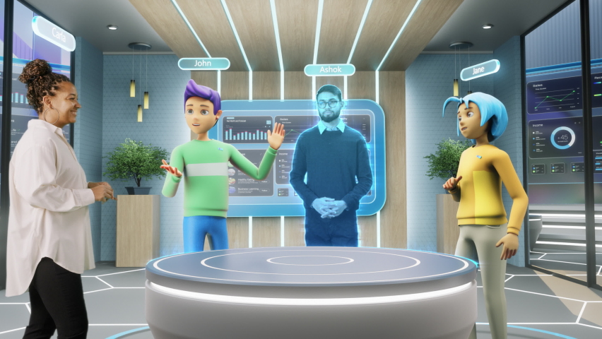 Corporate Business Meeting in Virtual Reality Office. Real Female Manager Standing Next to Two Animated Avatars of Colleagues, and a Hologram of Another Specialist. Futuristic Metaverse Concept. Royalty-Free Stock Footage #1091478303
