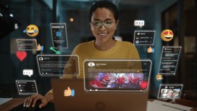 Beautiful Short Haired Project Manager Working on Computer in Office. Augmented Reality Social Media Icons Appear From Worker's Laptop. Internet of Things, Internet Connectivity and Online Concept. - Powered by Shutterstock - Get 15% off with code: PIKWIZARD15