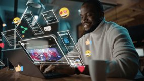 African American Project Manager Working on Computer in Office. Augmented Reality Social Media Icons Appear From Worker's Laptop. Internet of Things, Internet Connectivity and Online Concept. - Powered by Shutterstock - Get 15% off with code: PIKWIZARD15