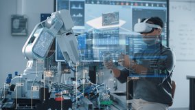 Computer Science Engineer in Virtual Reality Headset Using Controllers and Operating Robot Arm Under his Control. VFX Augmented Reality Icons Demonstrate Innovative Technologies Concept. - Powered by Shutterstock - Get 15% off with code: PIKWIZARD15
