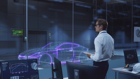 Engineering Research Agency Perform Aerodynamic Testing with a Modern Eco-Friendly Electric Sports Car Render in a Wind Tunnel. Chief Development Officer Works on a Tablet and Changes Testing Options.
