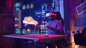Black Shoes Designer Wearing Virtual Reality Headset and Using Controllers to Design a Stylish Fashionable Sneaker in Augmented Design Software. Creative Man Working on Custom Digital Shoe at Home. - Powered by Shutterstock - Get 15% off with code: PIKWIZARD15