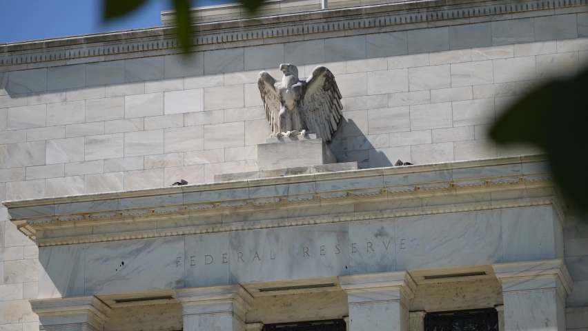 Exterior of the federal reserve government Eccles building in Washington, DC where inflation financial policy is made. Royalty-Free Stock Footage #1091482861