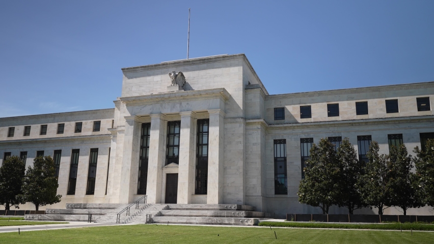 Trucking view of front of the federal reserve government Eccles building in Washington, DC where inflation financial policy is made. Royalty-Free Stock Footage #1091482867