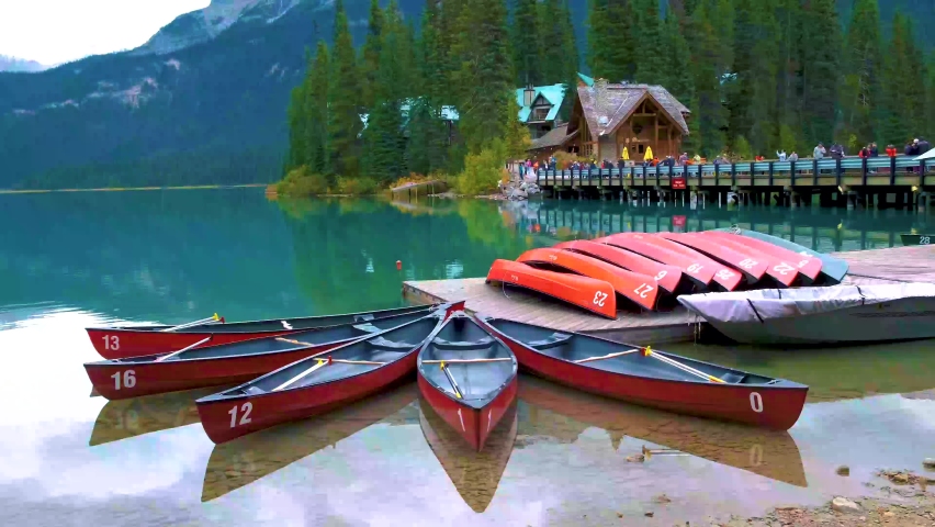 Emerald Lake, Yoho National Park in Canada, Emerald Lake and Tea House, Near Field, British Columbia, Yoho National Park, Canada Mount Burgess can be seen reflected into the water. Canada
