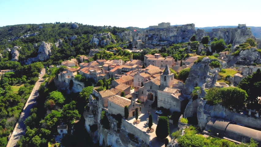 Les Baux de Provence village on the rock formation and its castle. France, Europe. Drone view Royalty-Free Stock Footage #1091483283
