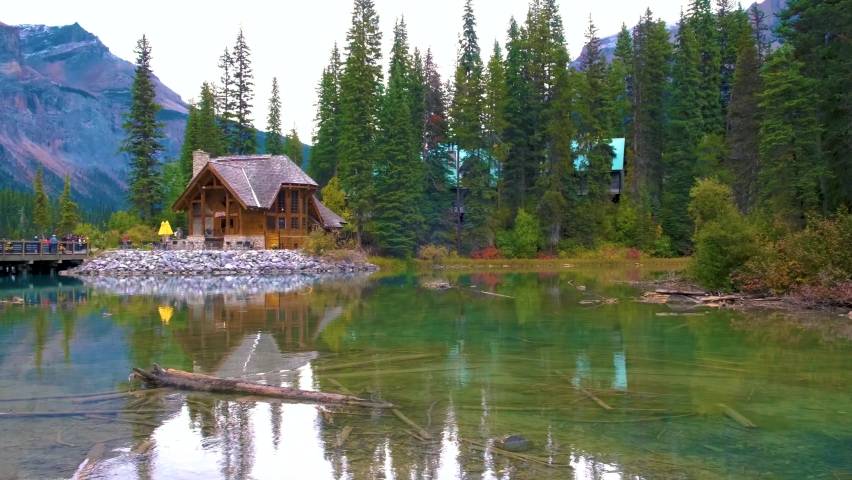 Emerald Lake, Yoho National Park in Canada, Emerald Lake and Tea House, Near Field, British Columbia, Yoho National Park, Canada Mount Burgess can be seen reflected into the water. Canada