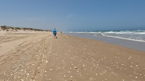 Man collecting sea shells sandy ocean beach away. Beautiful southern Texas, Gulf of Mexico beach. Waves and surf on sand shore. Padre Island National Seashore. Summer vacation destination.