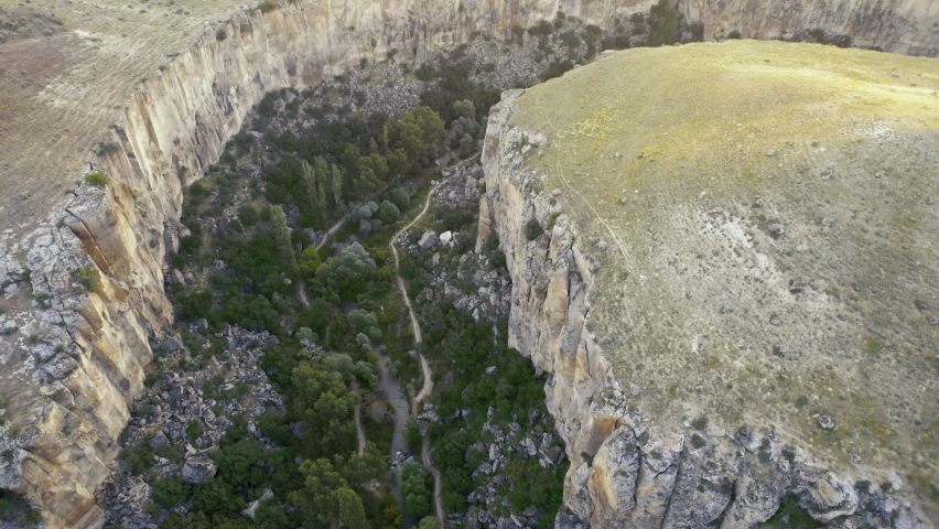 Ihlara valley canyon view from air during sunrise