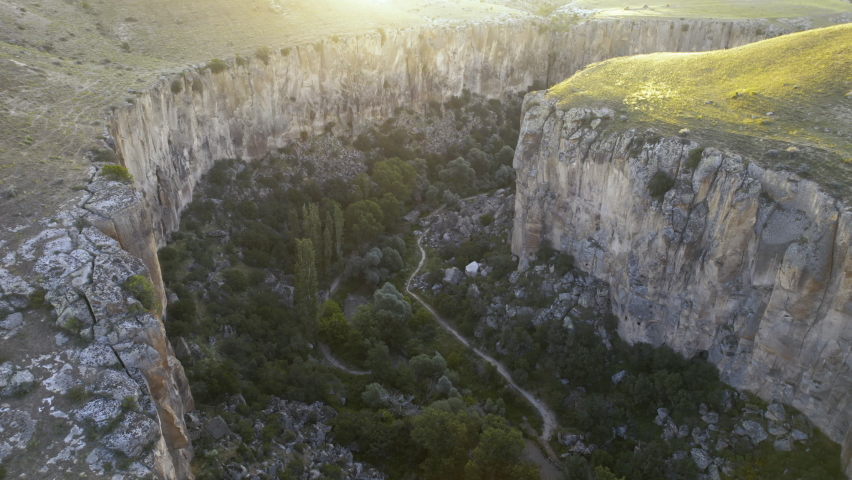 Ihlara valley canyon view from air during sunrise