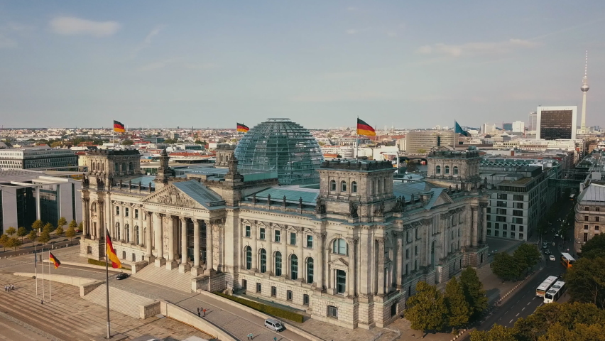 Germany Berlin Aerial Birdseye flying low around Reichstag building 