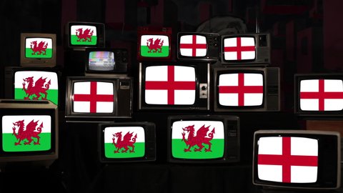Flags of England and Wales on Vintage Televisions. 4K Resolution.