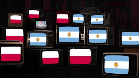 Flags of Poland and Argentina on Vintage Televisions. 4K Resolution.