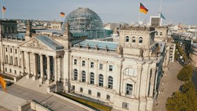 Aerial footage of bundestag, reichstag in Berlin. Approach to the dome 