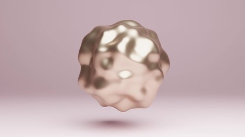 Abstract 3d animation of a distorted golden sphere, wobbly motion design, seamless looped wibbly footage above a pink pastel background