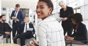 Positivity paired with team ethic is the recipe for success. 4k video footage of a happy young businesswoman sitting in on a meeting with her colleagues in a modern office.