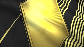 Abstract black flag with a golden empty logotype with narrow diagonal lines. Motion. Space for emblem on silky texture. - Powered by Shutterstock - Get 15% off with code: PIKWIZARD15