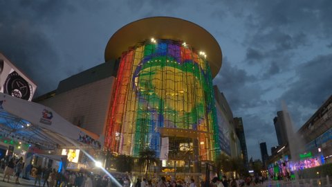 Bangkok, Thailand. 10th June 2022. LGBT rainbow colors pride flag on shopping mall building in city. Pride month at Siam Paragon in Bangkok.