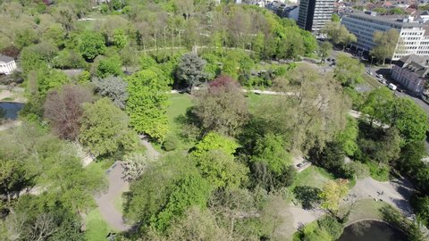 Aerial view of Hofgarten, green park in Dusseldorf city center