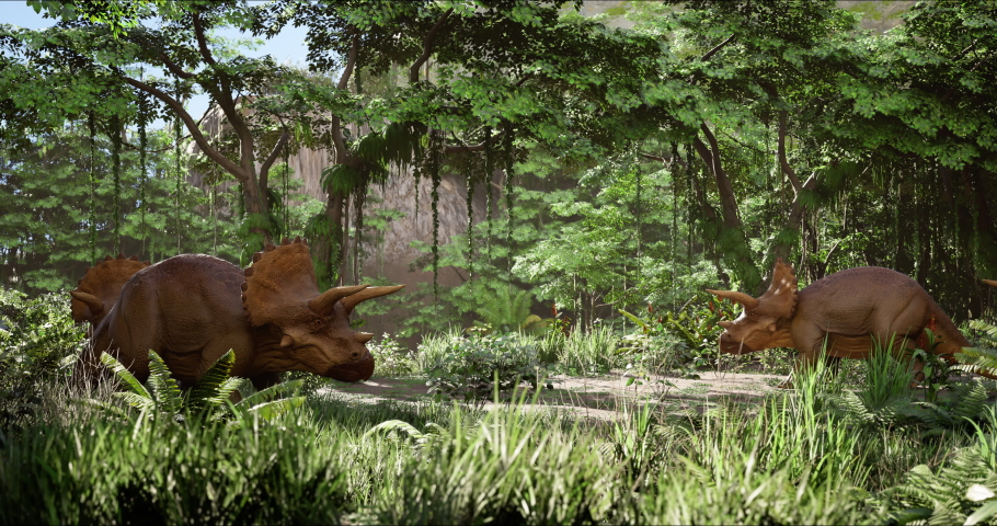 A herd of Triceratops peacefully grazing in a jungle meadow. Jurassic dinosaurs. 3d rendering. High quality 4k footage Royalty-Free Stock Footage #1091521033