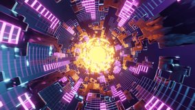 Sci-fi tunnel with neon lights. Abstract high-tech tunnel as background in the style of cyberpunk or high-tech future. 3d rendering illustration. Loops video.